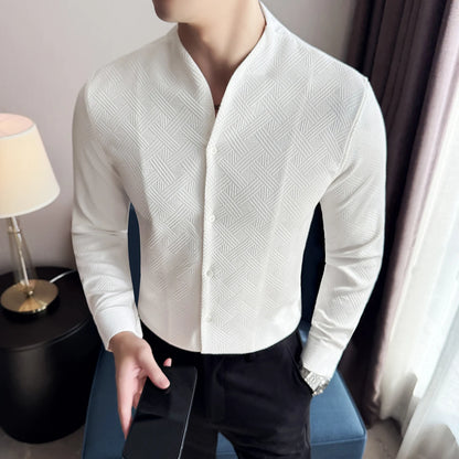 New Chinese Style V-neck Shirt Men's Long Sleeved Slim Fit Casual Business Stand-up Shirts High Quality Dress Tops Shirt 4XL-M