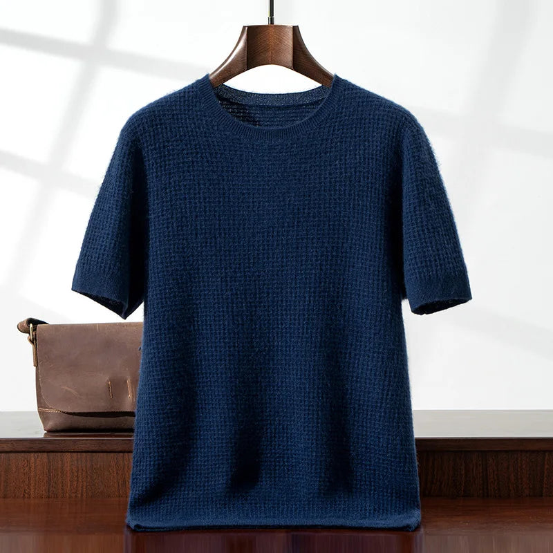 Men's 100% Cashmere Waffle Knit Round Neck Short Sleeve T-Shirt Casual Loose Pullover Vest New Autumn And Winter Sweaters Vesr