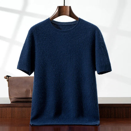 Men's 100% Cashmere Waffle Knit Round Neck Short Sleeve T-Shirt Casual Loose Pullover Vest New Autumn And Winter Sweaters Vesr
