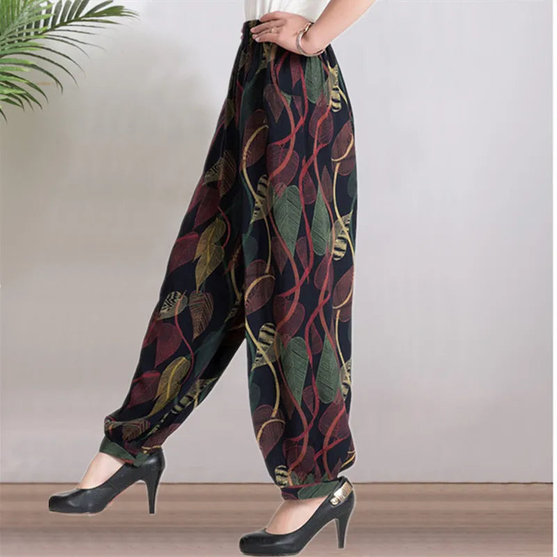 High Waist Lantern Pants Casual Cotton Silk Large Size Printed Long Trousers for Middle-Aged And Elderly Women