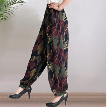 High Waist Lantern Pants Casual Cotton Silk Large Size Printed Long Trousers for Middle-Aged And Elderly Women