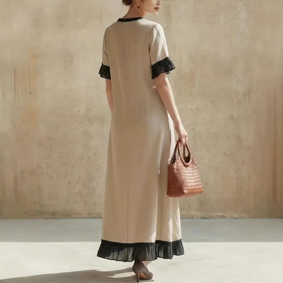 Summer Women Color Block V-Neck Short Sleeve Dress Loose Fit Long Maxi Dress Elegant Casual Beach Outfit