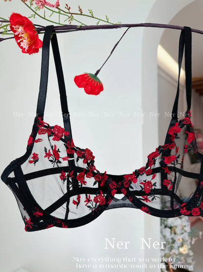Sweet Sexy Lace Lingerie Set, Floral Embroidery Sheer Mesh, Thin Cooling, Big Bust Relief, Japanese Daily Women Underwear 32-38