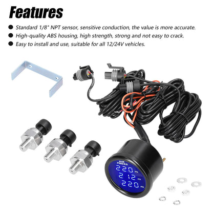 KKMOON Dual/Triple Display Air Pressure Guage LED Digital Air Suspension Gauge 0-220PSI 12/24V with 2pcs/3pcs 1/8NPT Sensors