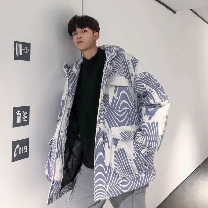 Trending on Instagram Winter Parka for Men Korean Loose Fit Cotton Coat with Traditional Chinese Blue White Print