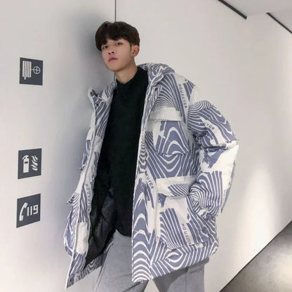Trending on Instagram Winter Parka for Men Korean Loose Fit Cotton Coat with Traditional Chinese Blue White Print