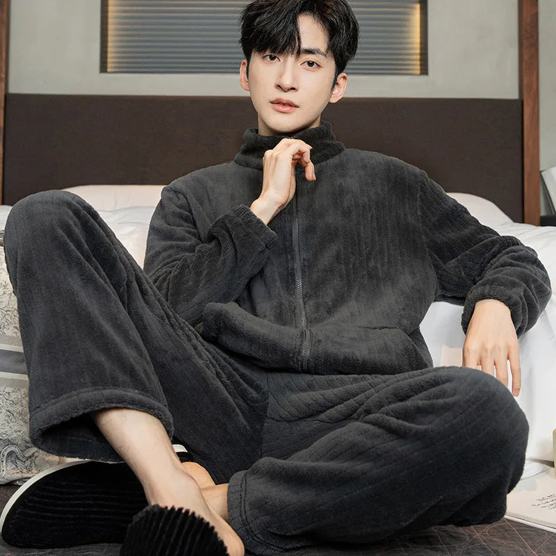 2025 New Couple Sleepwear Men's Autumn Winter Stand Collar Zipper Thick Long Sleeve Coral Fleece Home Clothes Men's Pyjamas