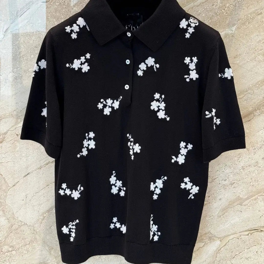 2026 New Arrival Women's Polo Shirt Chic Embroidered Floral Print Short Sleeve Casual Slim Fit Cotton Polo T-shirt