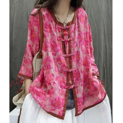 Artistic Print Ethnic Design Retro round Neck Button up Casual Loose Sun Protection Shirt Women Summer Comfortable Versatile