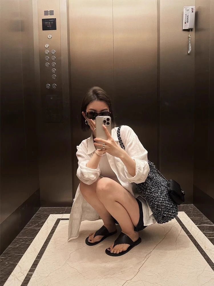 White Linen Cotton Blend Long Sleeve Shirt Women Summer Thin Loose Style Sun Protection Top Casual Commute Fashion  Collar