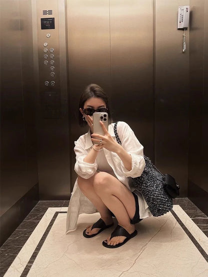 White Linen Cotton Blend Long Sleeve Shirt Women Summer Thin Loose Style Sun Protection Top Casual Commute Fashion  Collar