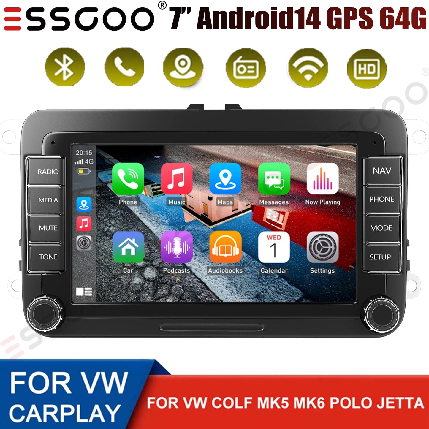 7" Car Stereo Android 14 For VW Volkswagen Jetta Passat Golf MK5 MK6 Apple Carplay GPS Navigation FM Radio WiFi SWC Head Unit BT