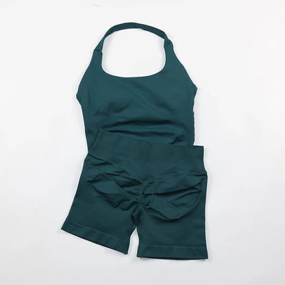 Women's Halter Neck Backless Yoga Set Seamless 2-Piece Outfit Ribbed High-Waist Scrunch Shorts Butt Lifting Gym Pilates Fitness