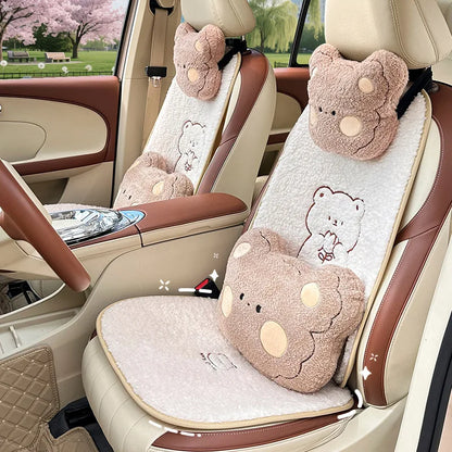 Premium Fuzzy Bear Car Seat Cushion Autumn Winter Thermal Vehicle Seat Cover with Thick Padding Cute Animal Themed Car Accessory
