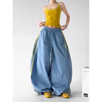 ZHIZOU Women Blue Baggy Letter Print Sweatpants Oversize Dance Pants Harajuku Aesthetic 2000s Style Vintage Y2k Stripe Trousers