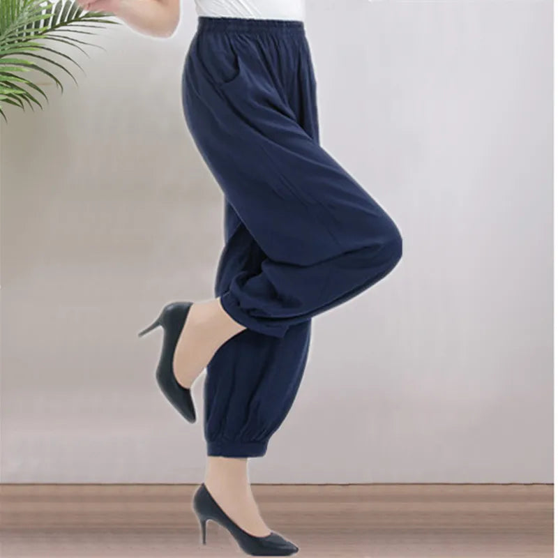 High Waist Lantern Pants Casual Cotton Silk Large Size Printed Long Trousers for Middle-Aged And Elderly Women