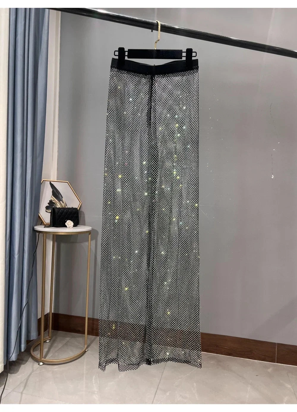 Black Trousers Y2k Pants Club Party Women's Sexy Cutout AB Color Diamond Sparkling Mesh Leggings Slim Fit Diamond Trousers
