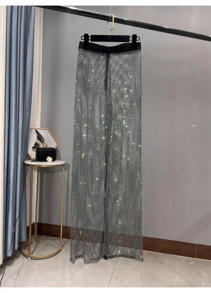 Black Trousers Y2k Pants Club Party Women's Sexy Cutout AB Color Diamond Sparkling Mesh Leggings Slim Fit Diamond Trousers