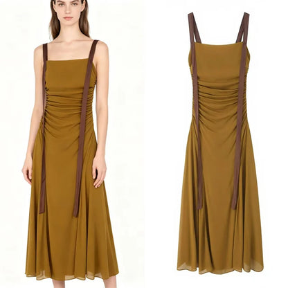 Women's Dress 2026 New Stylish Chiffon Pleated Strap Backless Slimming Sexy Holiday Casual Women's Mid-Length Dress