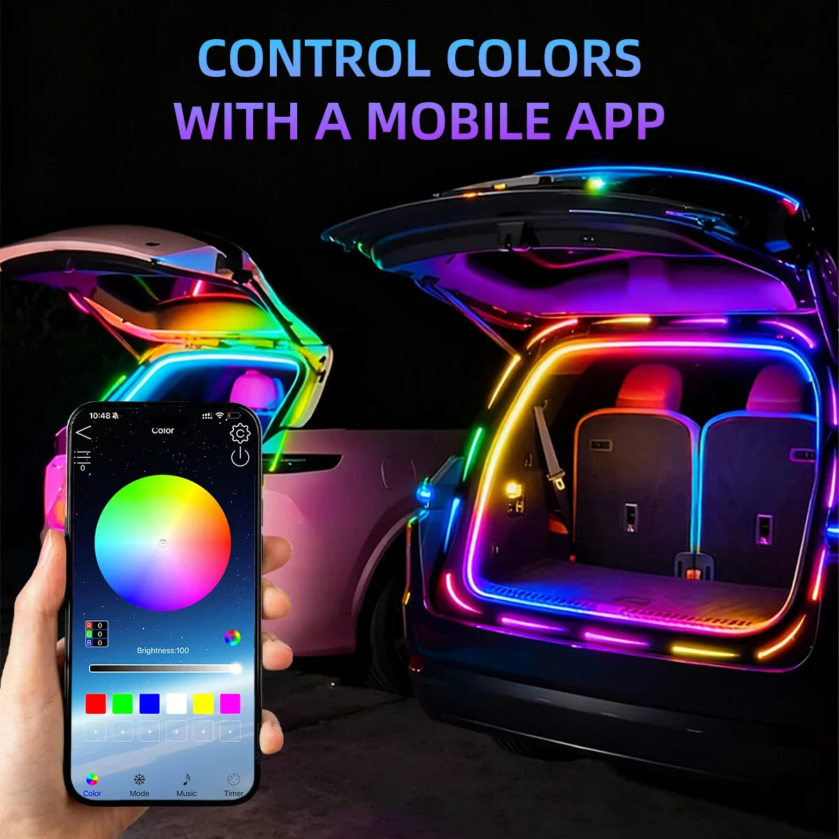 4M Car Trunk LED Strip Light RGB Rainbow Dynamic Chasing Light Universal Auto Trunk Decoration Exterior Interior LED Light 12V