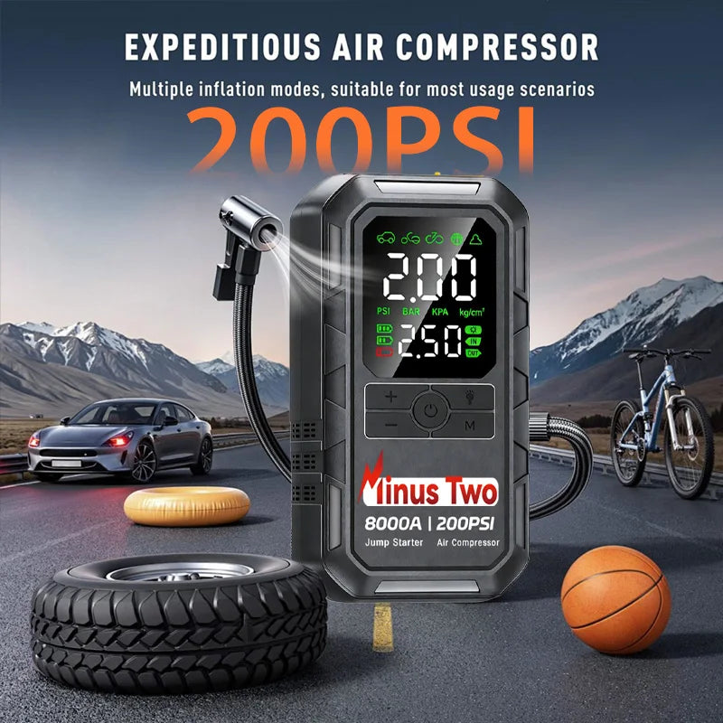 Jump Starter with Air Compressor 8000A Portable Car Battery Booster (7.5 Gas/6L Diesel) with 160PSI Auto-Shutoff Tire Inflator
