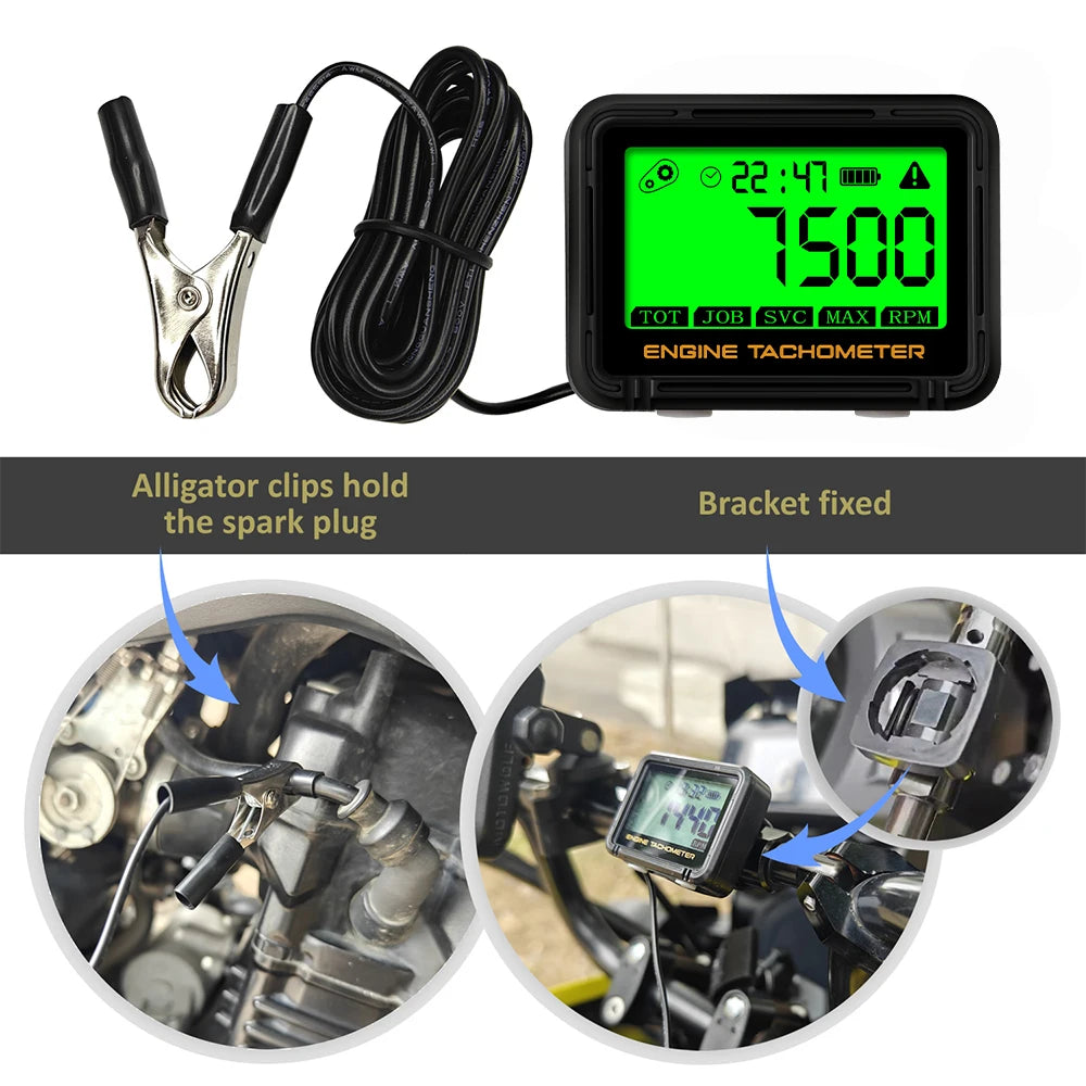 Moto Inductive Digital Tachometer SVC TOT JOB Engine Hour Meter Gauge Backlight Resettable RPM for Motorcycle Lawn Mower