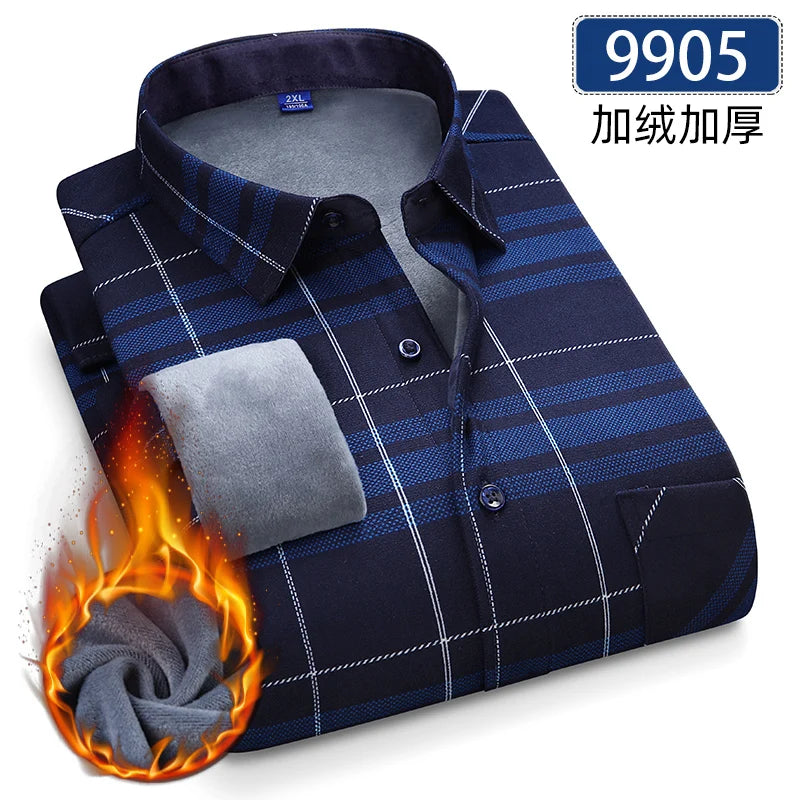 Autumn Winter Thicken Fleece Shirts For Men Business Plaid Shirt Long Sleeve Warm Clothes Male Single Pocket Classic Check Shirt