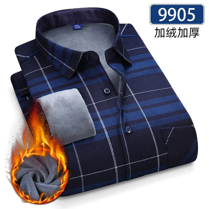 Autumn Winter Thicken Fleece Shirts For Men Business Plaid Shirt Long Sleeve Warm Clothes Male Single Pocket Classic Check Shirt