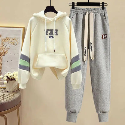 Sports Set for Women in Spring and Autumn New Korean Version Color Blocking Hooded Top Casual Pants Age Reducing Two-piece Set