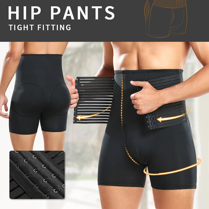 New Men Padded Boyshorts Butt Lifter High Waist Tummy Control Shorts with Buckle Hip Enhancer Compression Belly Shaper Panties