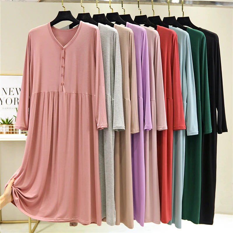 Early Autumn 2024 Women's V-Neck Long Sleeve Dress Loose Button-Up Modal Dress for Home Wear Midi Skirt A-Line Silhouette