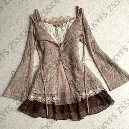 Y2k Himekaji Dresses Lace Summer Straps Sexy Elegant Party Dress 2026 2-Piece Japanese Soft Girl 2000s Casual Camis Short Skirt