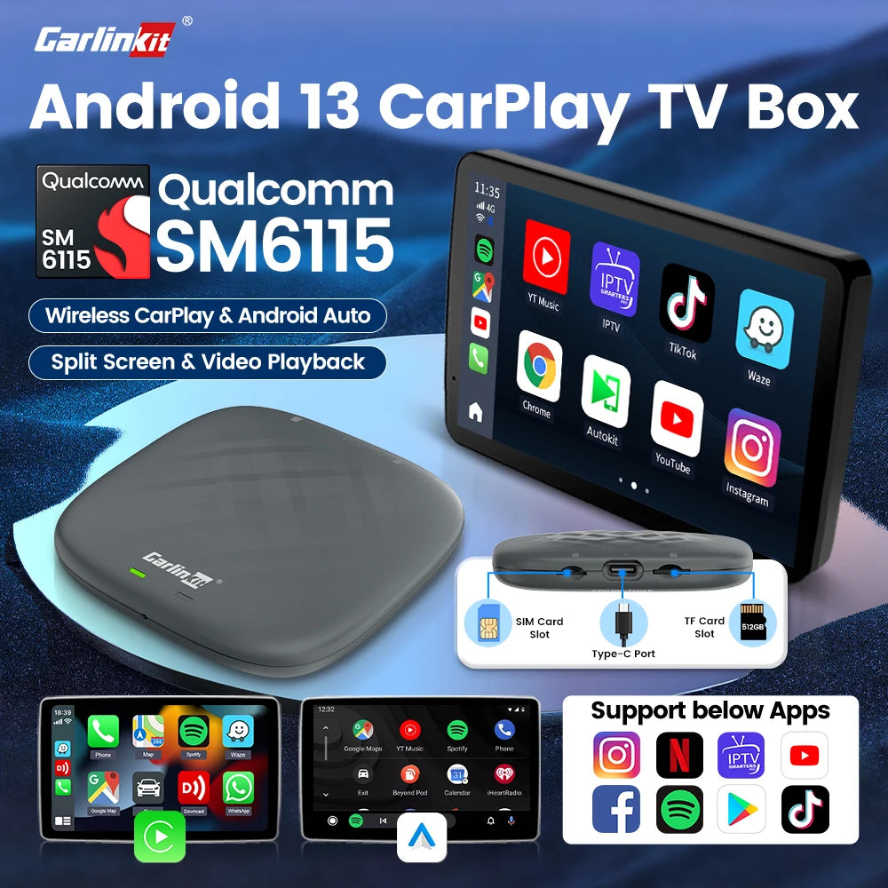 2026 CarlinKit Smart CarPlay Ai Box Android 13 Support Netflix YouTube Split Screen Wireless Android Auto & CarPlay Smart TV Box