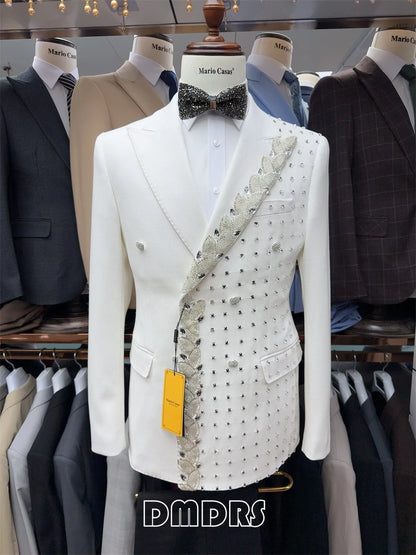 Two Pieces Formal Blazer Pants Set, Crystals Beaded Party Tuxedos Beaded Wedding Groom Suit Set, Luxurious Men's Formal Suit