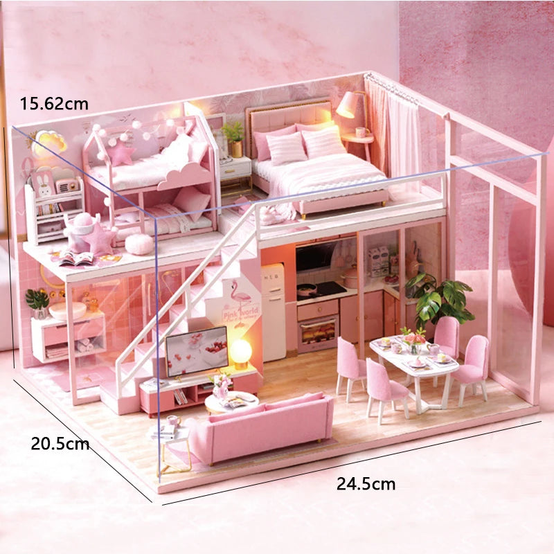 DIY Wooden Doll House Casa Miniature DollHouses Duplex Apartment Model Kits With Furniture LED Lights For Friends Birthday Gifts