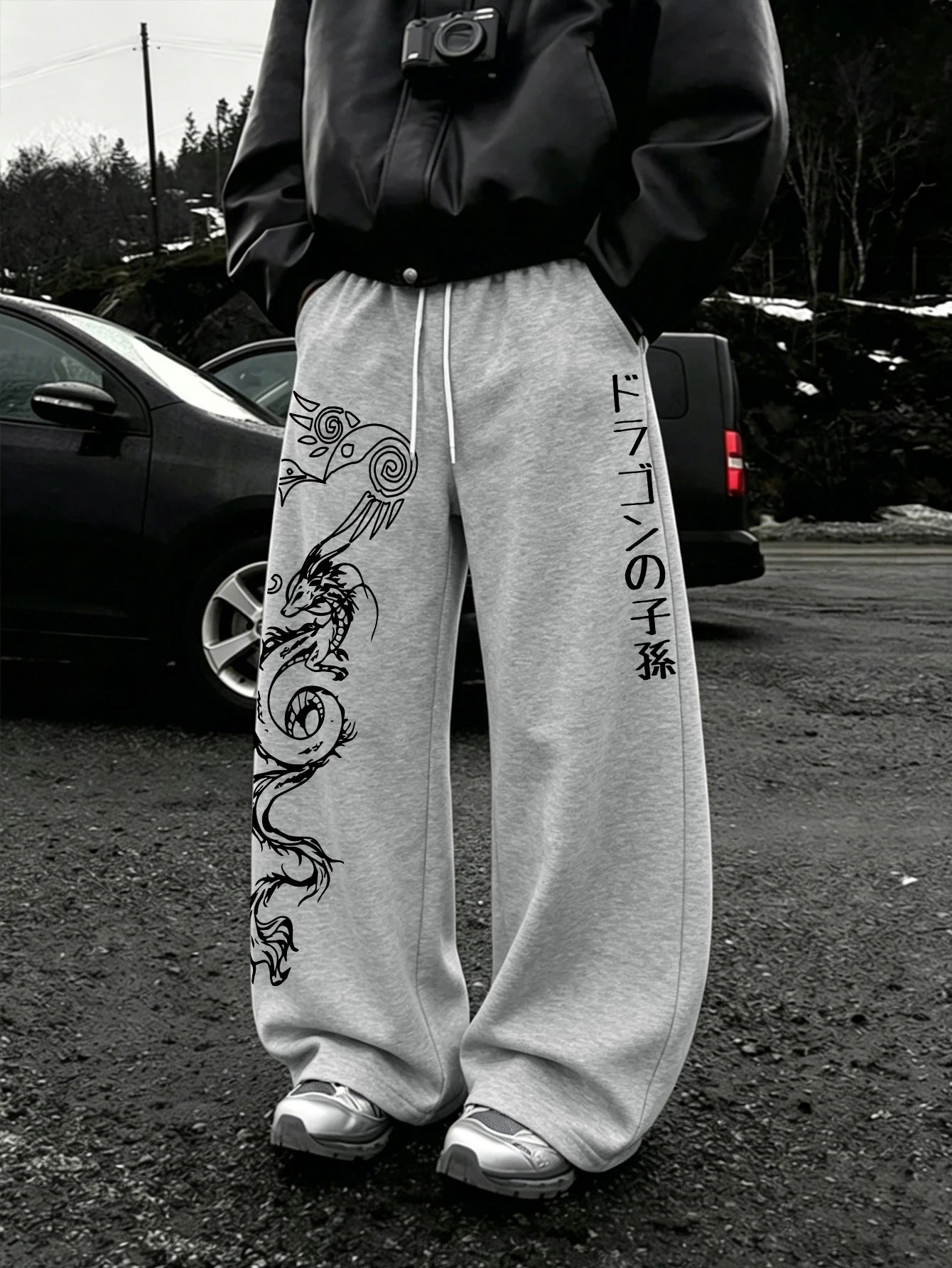 Men's Harajuku Tribal Dragon Vertical Japanese Text Print Wide Leg Sweatpants Drawstring Soft Asian Street Loose Trousers