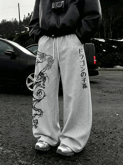 Men's Harajuku Tribal Dragon Vertical Japanese Text Print Wide Leg Sweatpants Drawstring Soft Asian Street Loose Trousers