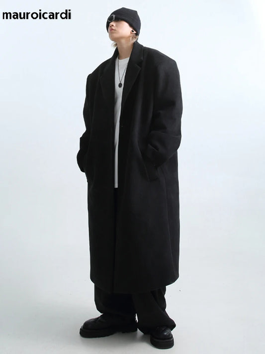 Mauroicardi Autumn Winter Long Oversized Warm Soft Black Trench Coat Men with Shoulder Pads Loose Casual Korean Fashion Overcoat
