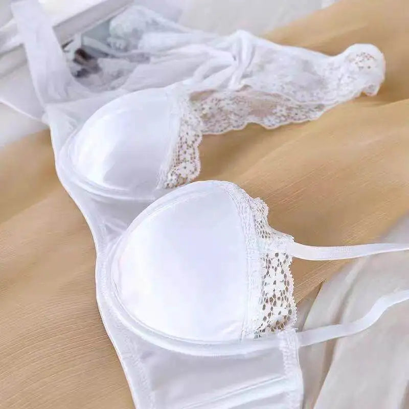 French Half Cup Lace Underwired Bra Set Ladies Thin Push Up Gather Fit No Gap Small Bust Comfortable Sexy Lingerie Two Piece Set