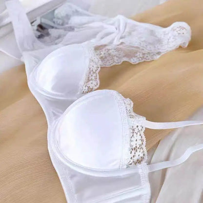 French Half Cup Lace Underwired Bra Set Ladies Thin Push Up Gather Fit No Gap Small Bust Comfortable Sexy Lingerie Two Piece Set