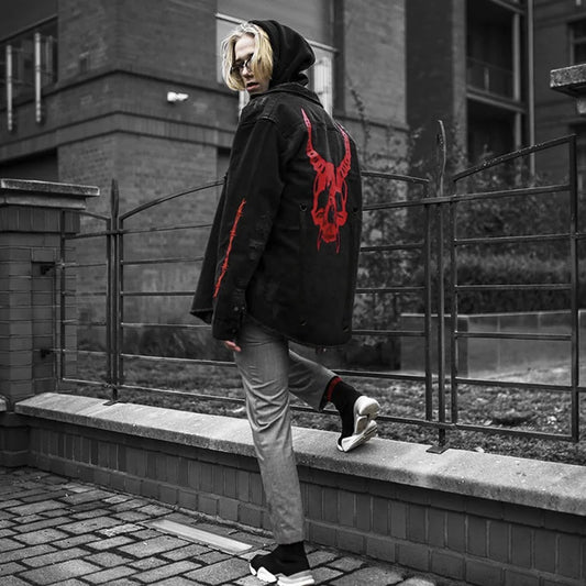 Skull Printing Denim Jacket Mens Harajuku Gothic Coats Vintage Halloween Clothes Spring Autumn Lightweight High Street Jacket