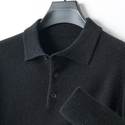LHZSYY 100%Merino Wool Hot Cardigans Men Lapel Pullover Long Sleeve POLO Neck Sweaters Loose Tops Knit Clothing Large Size Shirt