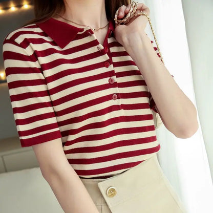 Women's Summer Cotton Yarn Knit Top, Polo Collar Striped Print Slim Fit Short Sleeve Pullover, Elegant Casual Wear