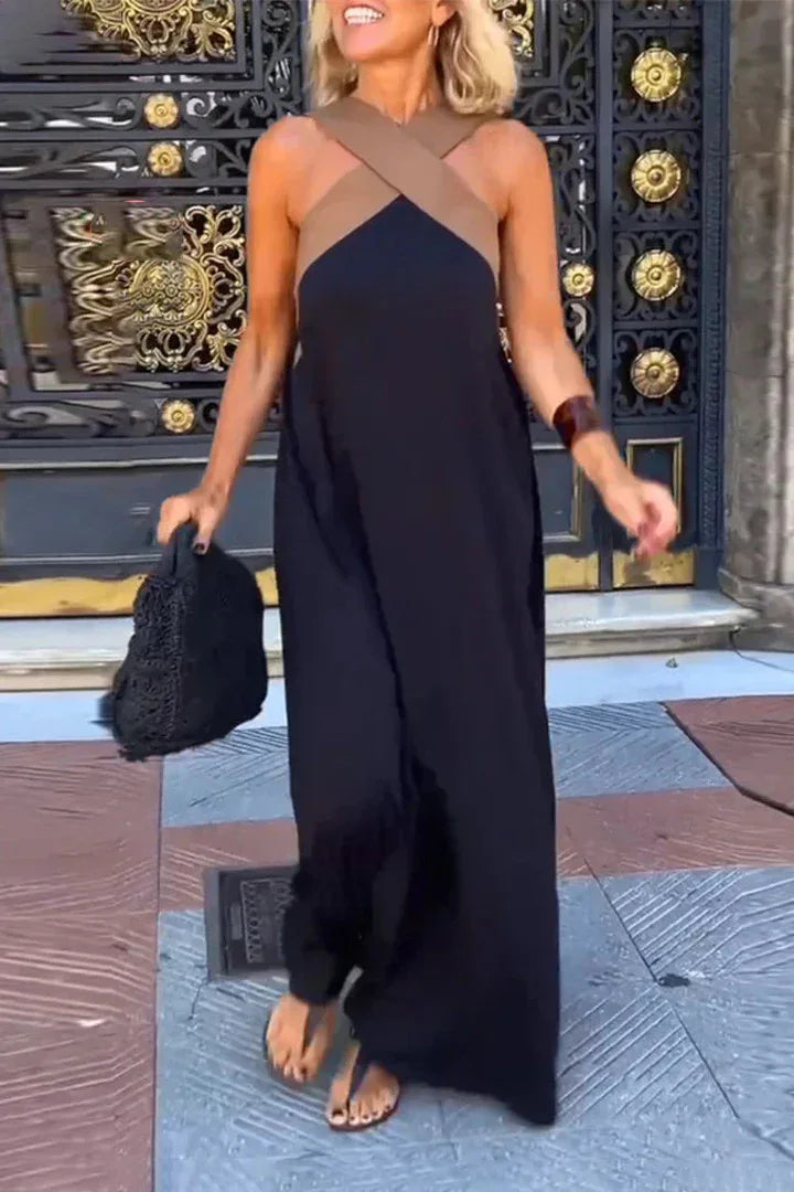 Women's Long Cross Dress Skirt European Style Mid-Waist A-Line Dress Polyester Fabric No-Sleeve Business Wear Single Piece