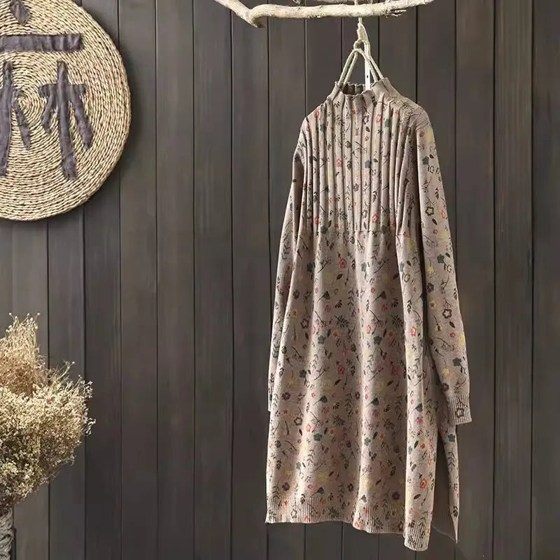 Retro Print Loose Knitted Dress Half High Collar Base Layer Skirt Autumn Winter Long Straight A-Line Dress for Women