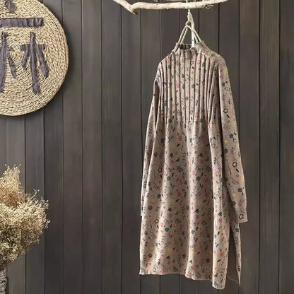 Retro Print Loose Knitted Dress Half High Collar Base Layer Skirt Autumn Winter Long Straight A-Line Dress for Women
