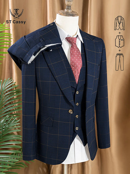 ST Cassy High Quality 3 Piece Checkered Suit Set Men Stylish Business Office Wedding Formal Outfit Full Elegant Man Suit