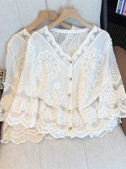Elegant Embroidered Lace Shirt Women's Spring Summer plus Size Hollow out Button up Top French Style Straight Cut Thin Fabric