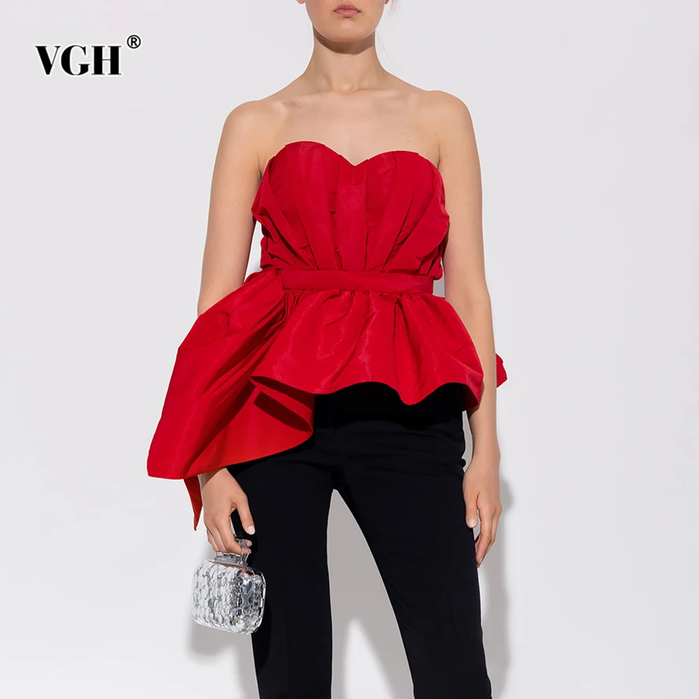 VGH Sexy Red Color Spliced Folds Tank Top for Women Sweatheart Neck Sleeveless Patchowrk Zipper Irregular Hem Vest Female Summer