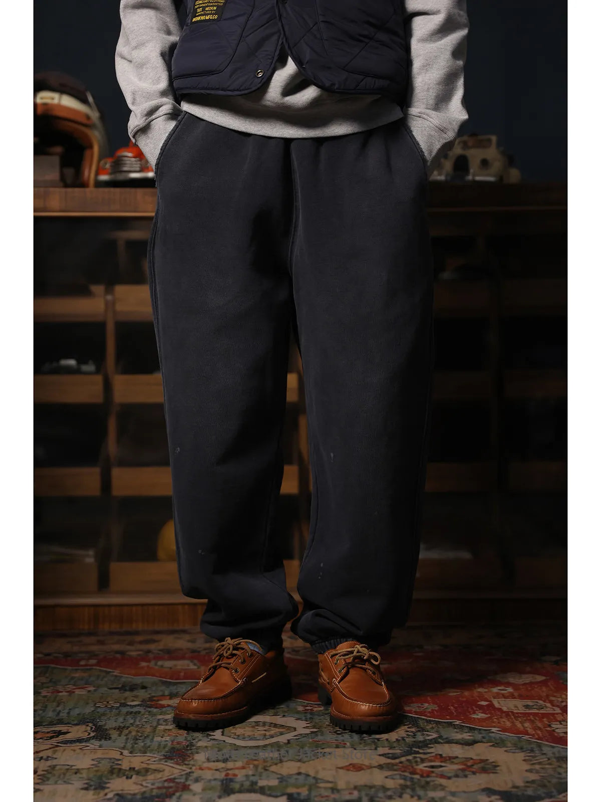 Vintage Sports Knit Sweat Pants Elastic Drawstring Splash Ink Versatile Casual Fleece Cuffed Joggers